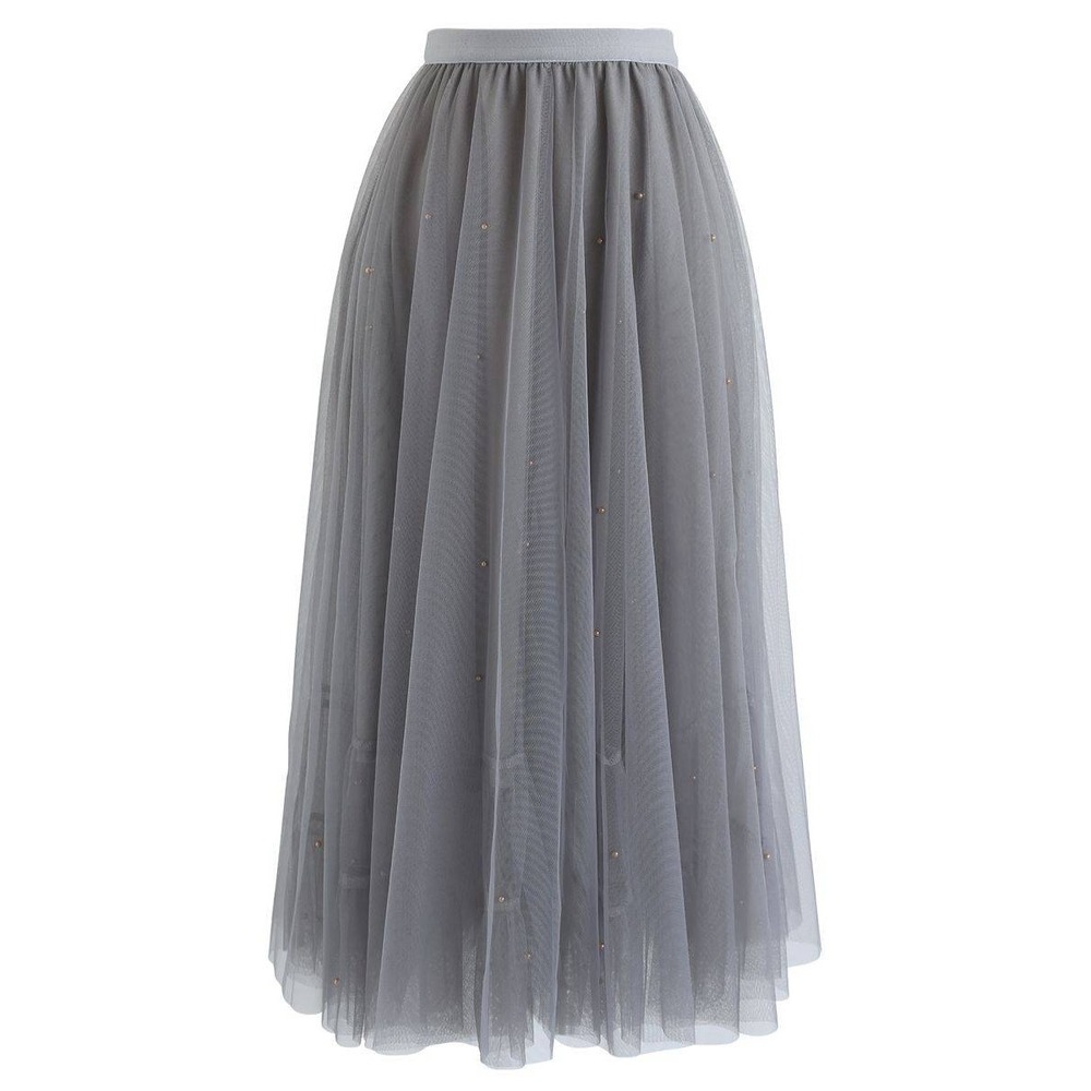 Chicwish Grey Tulle Maxi Skirt Faux Pearl Accents Ruffle Tiered Mesh‎ Romantic
